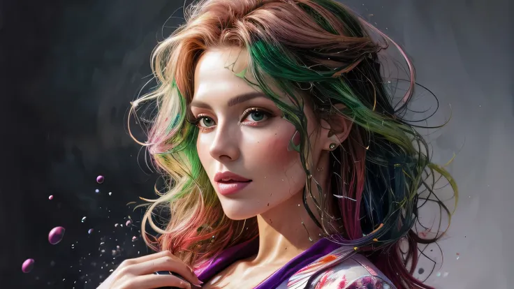 Mulher bonita e colorida: mulher de 35 anos, Messy hair, oil painting, lindo e rosto perfeito com pele macia, rosto perfeito, cores verdes rosa, Clear and violet magnet additions, light red additions, Doutor, Doctor wearing lab coat or suit holding newborn...