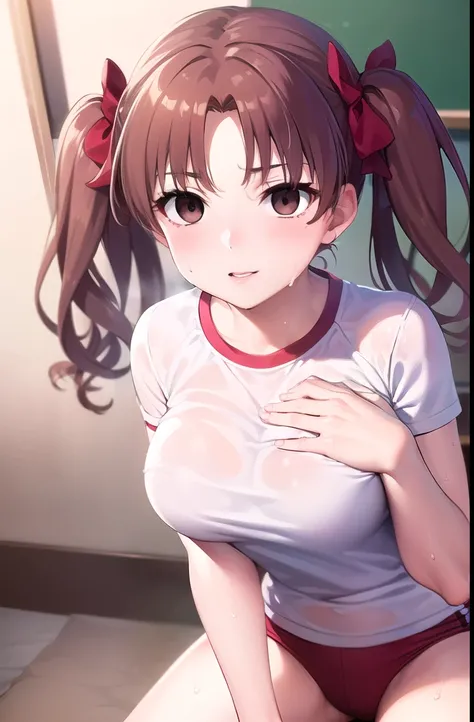 kurokoshirai, kuroko shirai, brown hair, long hair, (parted bangs:1.5), (brown eyes:1.7), Ringlet, twin tails, hair bow, bow, red bow, (big breasts:1.5),
break,Wearing wet gym clothes and bright red bloomers,  twin tails、
break looking at viewer, , whole b...