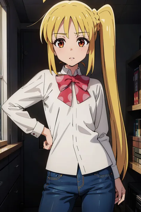 score_7_up, source_anime,1girl, Eft_Bocchi_Yellow, ijichi nijika, 1girl, solo, blonde hair, side ponytail,long hair, ahoge, shirt, bow, red eyes,
BREAK (very tight white long-sleeved shirt,Skinny Jeans:1.2)
BREAK perfect sexy female body, Point-of-view sho...