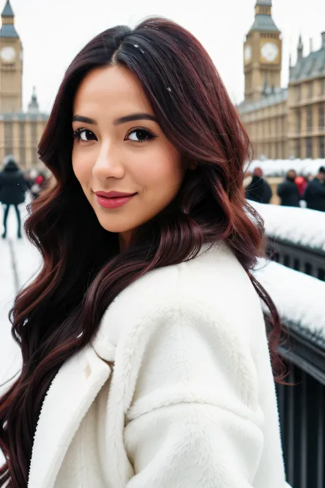 hair color, latin woman, long hair, london backround, winter, professional, 4k, hd, ddh, 8k, high detail, ultra defntion