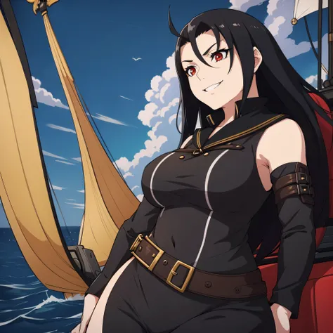 A woman wearing a black pirate commanders uniform, big breasts, sadistic smile, red eyes, black hair, on a sailing ship at sea.
