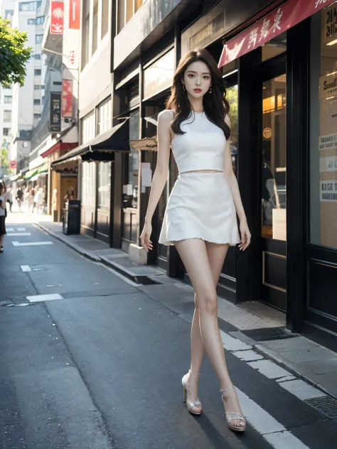 best quality,masterpiece,ultra high resolution,(actual:1.4),original photo,ultra high definition，lifelike，Surrealist 8K，1 girl，tall，long legs，Exquisite makeup，Royal Sister Fan，summer，fashionable clothes，High heel，Outdoors during the day，walking street，stre...