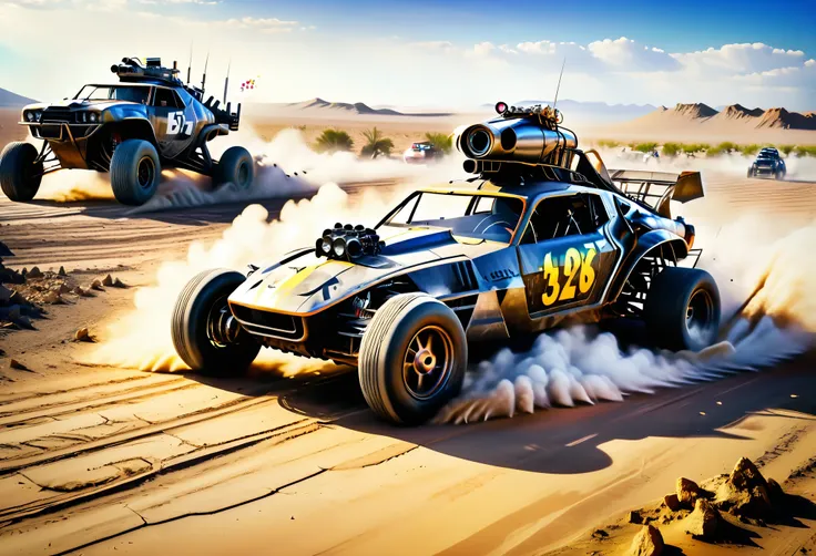 ((racing car:1.5, drone camera view:1.5, wide general shot:1.5)), ((3 cars running mad max style races, in the desert, among rub...