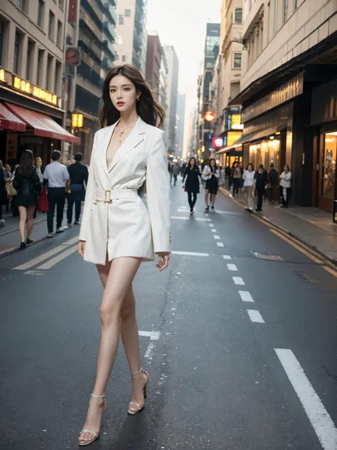 best quality,masterpiece,ultra high resolution,(actual:1.4),original photo,ultra high definition，lifelike，Surrealist 8K，1 girl，tall，long legs，Exquisite makeup，fashionable clothes，Tasteful outfit，young and energetic，Outdoors during the day，walking street，st...