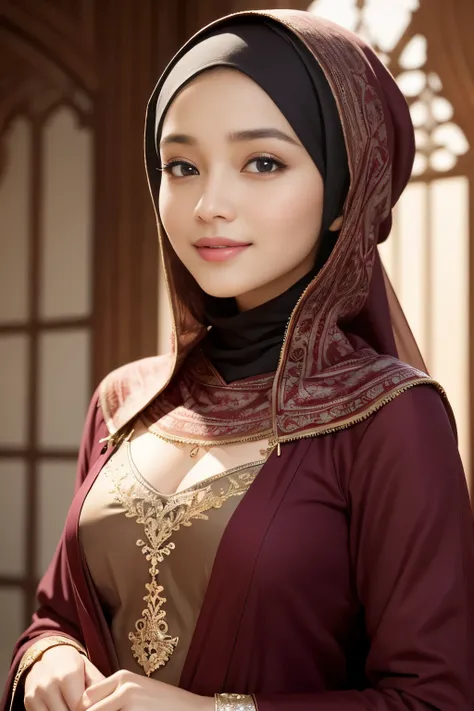 maroon, cleavage, hijabi, Absurd, ultra-detailed, high quality, masterpiece, detailed face, beautiful eyes(detailed eyes), javanese, gentle and graceful, face exudes warmth and kindness, eyes described as soft and comforting, gentle and steady gaze, overal...