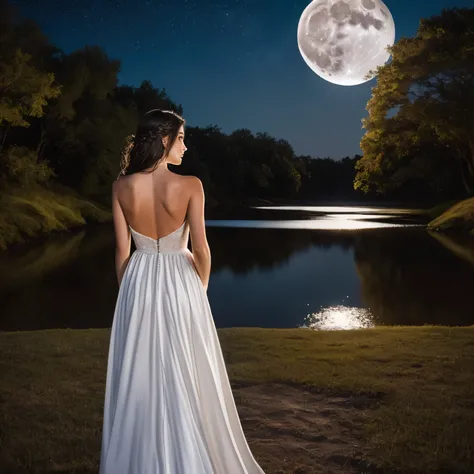 In the quiet night place, a full moon illuminates the serene surroundings, casting long, ethereal shadows. A woman, dressed in a flowing white gown, stands alone in the moonlit scene. Her long brunette hair cascades down her back, catching the soft glow of...