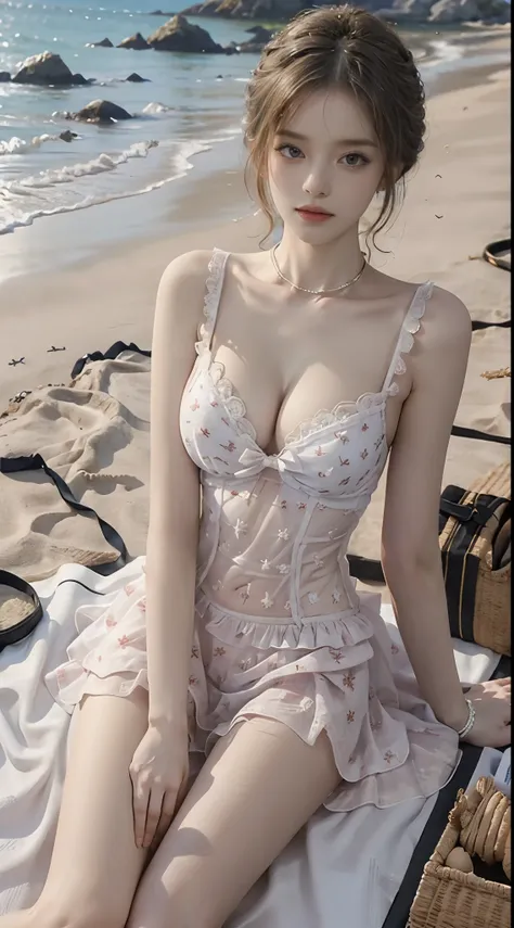 sexy pajamaasterpiece, best quality:1.2), 1girl, solo, ((bare shoulders)), (actual:1.37), ((lying on a beach)), ((Bird&#39;s eye view shot)), Sweet maiden, beautiful妆容, Exquisite makeup, Extremely beautiful eyes, long hair, curls, slim body, ((big breasts,...