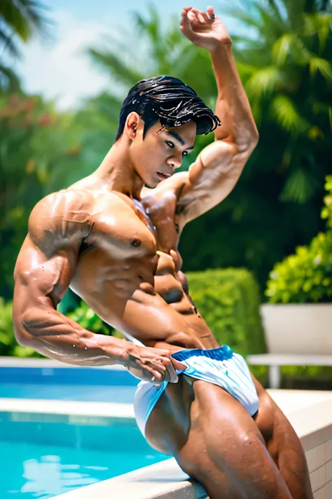 Take realistic and clear photos of a young Asian male tight swimmer showcasing his sexy, toned bodybuilder physique by the poolside. He has a harmonious balance of lean limbs with defined muscles, radiating health and strength. Capture every detail in high...