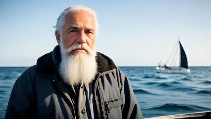 Portrait of an experienced fisherman with weathered skin and deep wrinkles, his piercing gaze adding to his wise and seasoned appearance. His white beard, long and untamed, frames his ruggedly handsome face. In the background, the natural light emphasizes ...