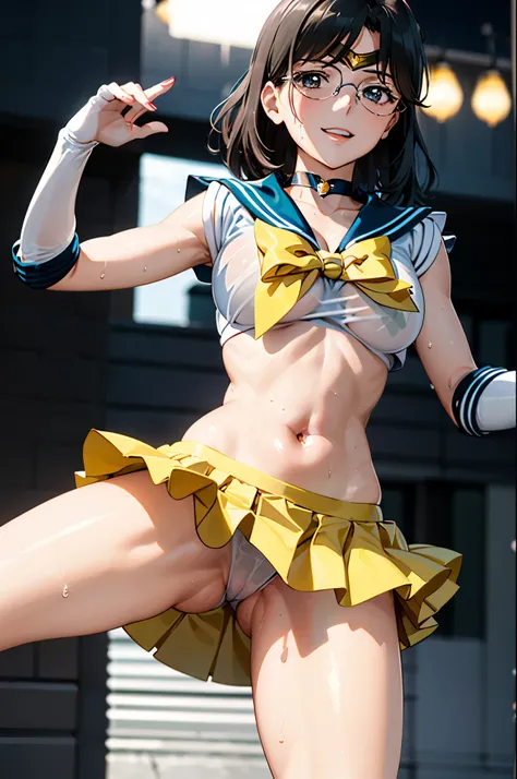 1girl,18yo,perfect hands, perfect finger,perfect anatomy, masterpiece, best quality,realistic, hyperrealistic, 16k hdr,, aamii, short hair, black hair, blue eyes, (glasses), (see through yellow sailor senshi uniform,yellow ultra miniskirt:1.3),outdoor,stan...