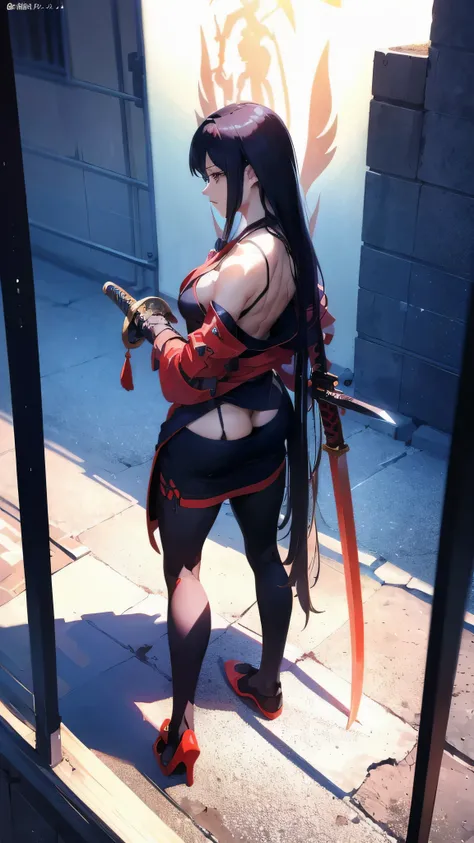 a woman kneeling down with a sword in her hand,very beautiful cyberpunk samurai,she is holding a katana sword,unsheathing her katana,she is holding a sword,ornate korean polearm behind her, realistic anime 3D style, cgsociety 9,2.5D cgi anime fantasy artwo...