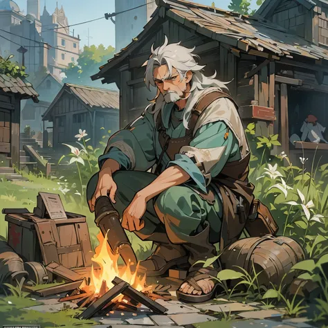 a middle-aged man，European medieval slums，messy hair，Wearing tattered clothes，Squat on the ground and warm yourself by the fire，Surrounded by weeds and ruins。Medium shot composition，full body picture，characters and scenes，Game concept art style，Anime illus...