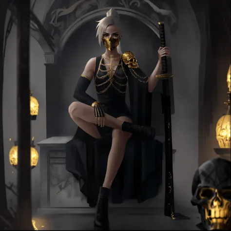 Female assassin. golden skull mask