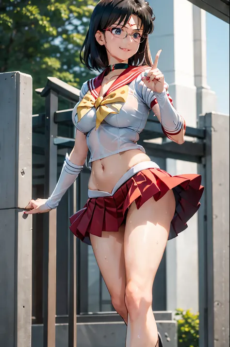 1girl,18yo,perfect hands, perfect finger,perfect anatomy, masterpiece, best quality,realistic, hyperrealistic, 16k hdr,, aamii, short hair, black hair, blue eyes, (glasses), (see through red sailor senshi uniform,red ultra miniskirt:1.3),outdoor,standing,(...