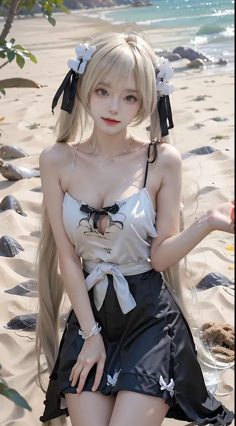 kasugano sora,long white hair,twintails,hair ribbon,hair ornament, (masterpiece, best quality:1.2), 1girl, solo, ((bare shoulders)), (actual:1.37), ((lying on a beach)), ((Bird&#39;s eye view shot)), Sweet maiden, beautiful妆容, Exquisite makeup, Extremely b...