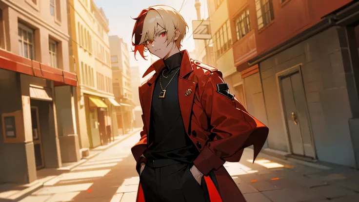 short hair, black shirt, young male, red eyes, morning, Two tone hair, light blonde color, multicolored hair, street level background, black jordans, red nike pants, standing still, arms in pockets, muscular, red necklace, looking at camera, sunlight, clos...