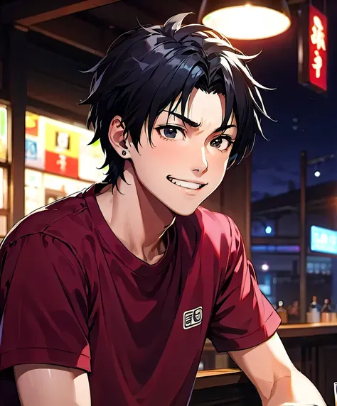 1 man, short mullet cut black hair, black eyes, wearing a maroon t-shirt and black pants, white sneakers, 8k, ultrasharp, high resolution, sitting down the bar table at night time, laughing, left angle.