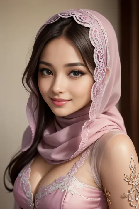 magenta, cleavage, hijabi, Absurd, ultra-detailed, high quality, masterpiece, detailed face, beautiful eyes(detailed eyes), javanese, gentle and graceful, face exudes warmth and kindness, eyes described as soft and comforting, gentle and steady gaze, overa...