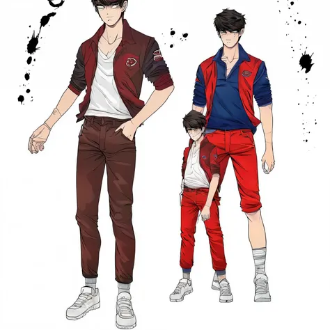 13-year-old male character with white skin, cabello rojo, ojos de color negro, la vestimenta que sea el polo de color blanco y el pantalon color negro, las zapatillas que sean rojas y que la imagen te muestre cuerpo completo