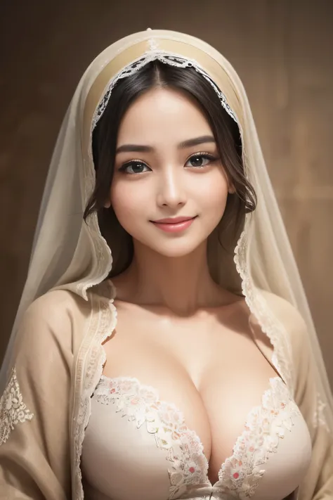 rainbow, cleavage, hijabi, Absurd, ultra-detailed, high quality, masterpiece, detailed face, beautiful eyes(detailed eyes), javanese, gentle and graceful, face exudes warmth and kindness, eyes described as soft and comforting, gentle and steady gaze, overa...