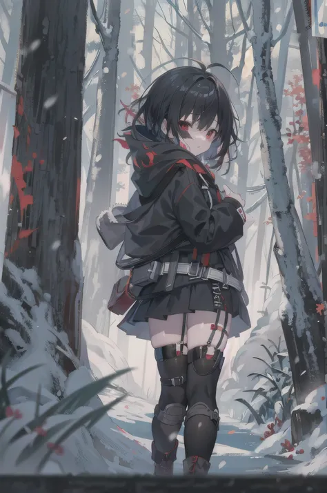 （Best image quality、Super detailed CG unified 8k wallpaper、masterpiece）blood red eyes, black hair, black platform boots, Short hair details, Black thigh socks, hair covering one eye, black hoodie, black thigh strap, black belt,night，black skirt，forest full...