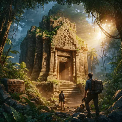 create realistic image about explorers discovering an ancient temple hidden in the jungle. The temple is covered in intricate carvings and surrounded by dense foliage. A beam of light from the setting sun illuminates the entrance, revealing secrets untold ...