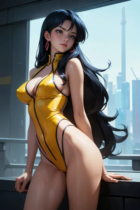 (best quality:1.2,highres,ultra-detailed), detailed face and body of Yuri from The Dirty Pair, stunning Asian beauty, expressive brown eyes, luscious lips, long flowing black hair, (skimpy yellow outfit), (revealing cleavage), confident and sexy pose, (cyb...