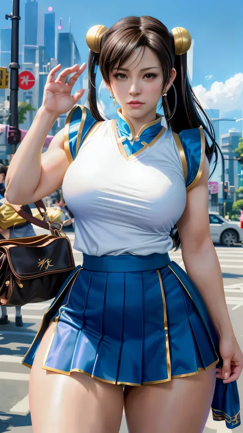 anime - style woman in a skirt and top posing on a city street, portrait of chun - li, portrait of chun li, chun li, chun - li, chun-li, portrait of tifa lockhart, tifa lockhart, chun li at the gym, seductive tifa lockhart portrait, photorealistic anime, h...