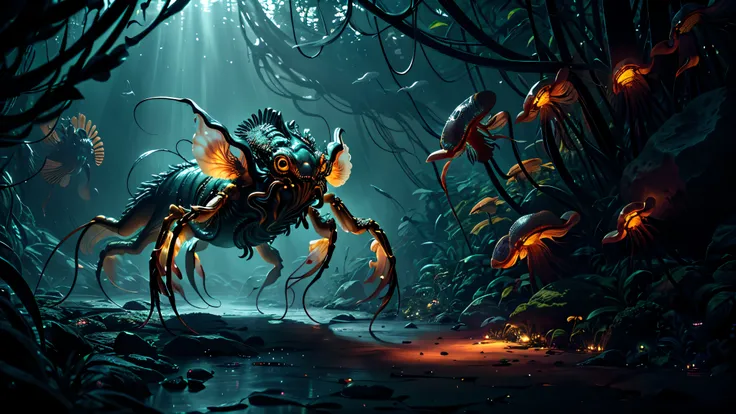 predator creature like with ((six legs)) creature with transparent and lighting body, walking on all six legs, (((cuttlefish head))), ((four eyes)),jellyfish transparent body, six leghs, in the jungle, jungle, rain forest, high image quality, realistic loo...