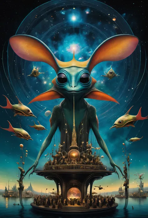 A cosmic theater filled with bizarre, intricate alien creatures performing an otherworldly opera under a sky ablaze with swirling galaxies style of Hieronymus Bosch.