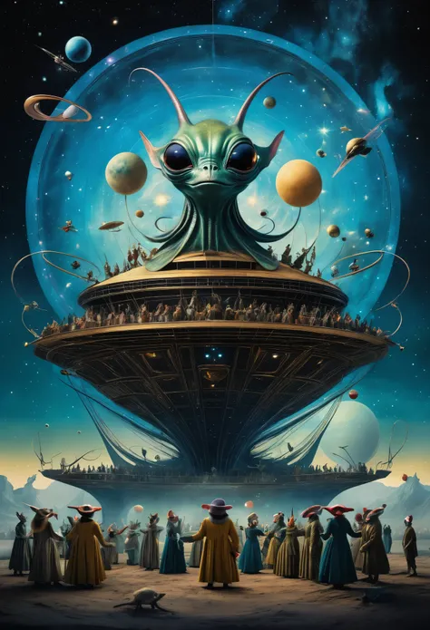 A cosmic theater filled with bizarre, intricate alien creatures performing an otherworldly opera under a sky ablaze with swirling galaxies style of Hieronymus Bosch.