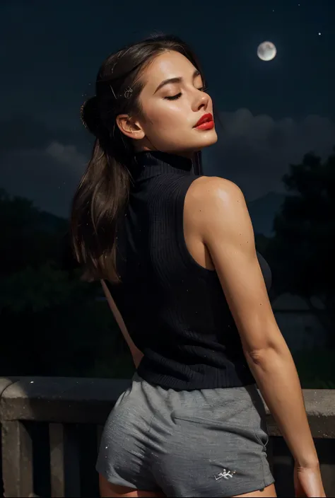 hot woman, sleeveless turtleneck shirt and elastic shorts, red lips, seductive, closed eyes, orgasm, nigth, moon ligth, stars, cloud, galaxy, from behind, fingers --style realistic-imagine -