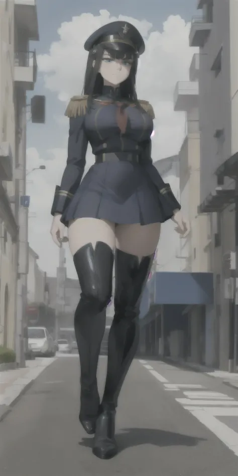 masterpiece, high quality, best quality, 1girl, (muscular female:1.0), (super gigantic breasts:1.0), (closed mouth, half smile), kiryuin satsuki, blue eyes, epaulettes, hairclip, black militar uniform, skirt, militar hat, black thigh boots, anime screencap...