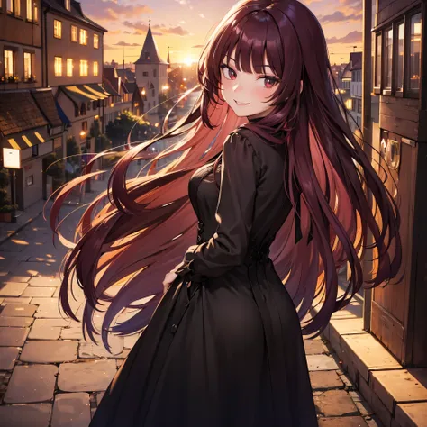 a woman in a black dress, burgundy hair, burgundy eyes, smiling in a german city at sunset.