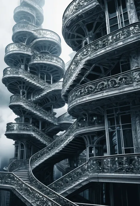 An impossible city where staircases twist and turn, blending seamlessly into fractal skyscrapers that pierce through shifting clouds.