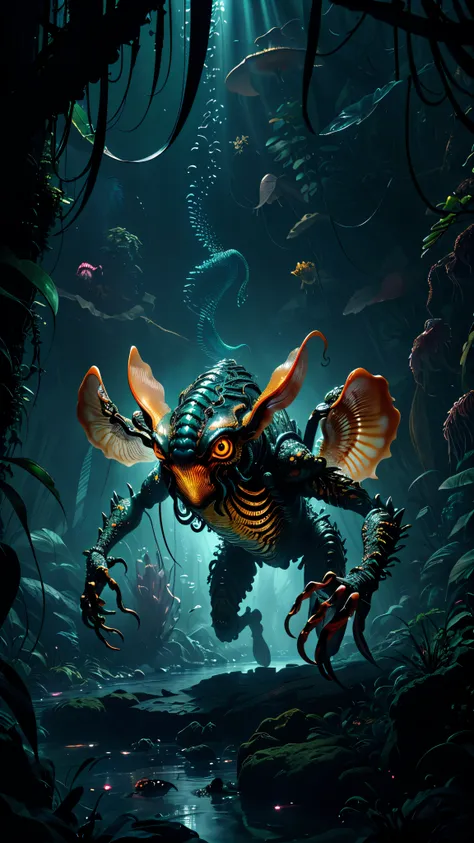 predator creature like with ((six legs)) creature with transparent and lighting body, walking on all six legs, (((cuttlefish head))), ((four eyes)),jellyfish transparent body, six leghs, in the jungle, jungle, rain forest, high image quality, realistic loo...