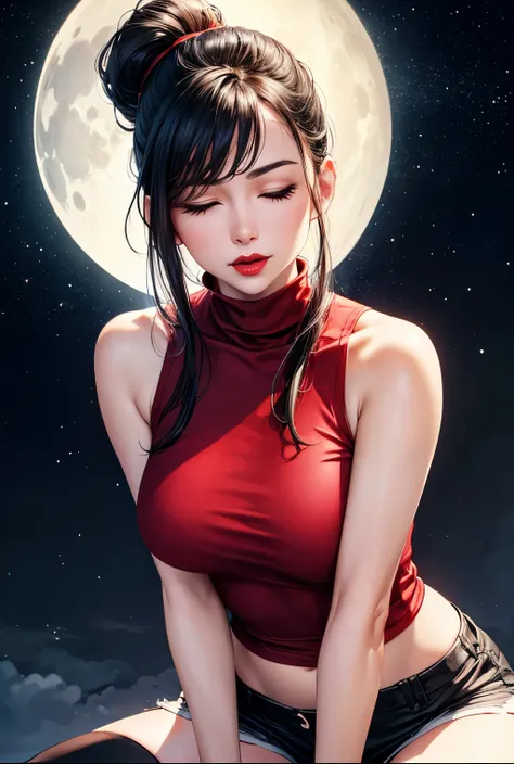 hot woman, sleeveless turtleneck shirt and elastic shorts, red lips, seductive, closed eyes, orgasm, nigth, moon ligth, stars, cloud, galaxy, close-up, fingers --style realistic-imagine -