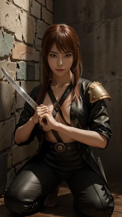 a woman kneeling down with a sword in her hand,very beautiful cyberpunk samurai,she is holding a katana sword,unsheathing her katana,she is holding a sword,ornate korean polearm behind her, realistic anime 3D style, cgsociety 9,2.5D cgi anime fantasy artwo...