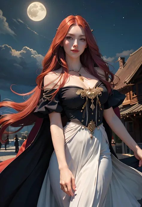 portrait shot, ((vivid red hair)), mature woman, 30 years old, diamond face, medium breast, moonlight, red starry sky background, depth of field, magic, big red lips, ((dark black eyes)) (Detailed beautiful eyes) red long and full dress, covered chest, mys...