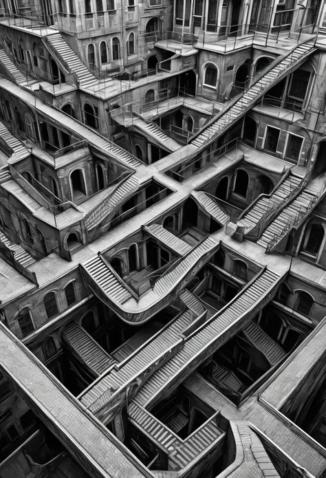 An impossible city where staircases twist and turn, blending seamlessly into fractal skyscrapers that pierce through shifting clouds style of Escher