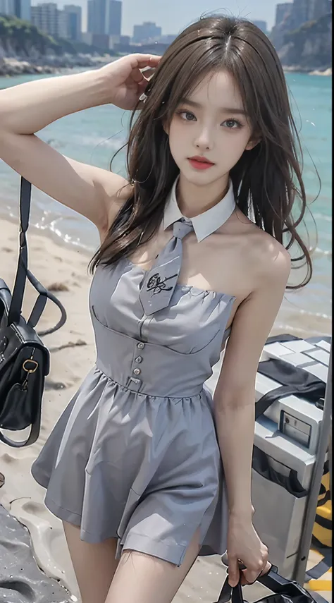 cyb dress, cyb shirt, cyb skirt, necktie, suspender skirt, suspenderasterpiece, best quality:1.2), 1girl, solo, ((bare shoulders)), (actual:1.37), ((lying on a beach)), ((Bird&#39;s eye view shot)), Sweet maiden, beautiful妆容, Exquisite makeup, Extremely be...