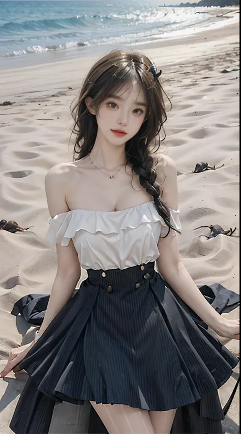 dating dress, pantyhose, high heelasterpiece, best quality:1.2), 1girl, solo, ((bare shoulders)), (actual:1.37), ((lying on a beach)), ((Bird&#39;s eye view shot)), Sweet maiden, beautiful妆容, Exquisite makeup, Extremely beautiful eyes, long hair, curls, sl...