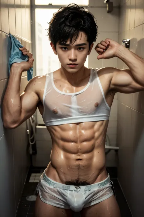 Lay down, Korean boy, Muscle body, Soaked white THONG, hairy body, teenager, very wet body, Hairy stomatch, very hairy abs, Very bushy hairy armpits, hairy pubic, hairy crotch, white transparent see through sleeveless shirt, Super Realistic photography, PR...