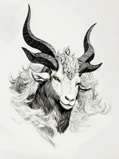 a black and white drawing of a goat with horns and a face, by Adam Szentpétery, by Rodney Joseph Burn, elaborate ink illustration, horned ram goddess, with horns, by João Artur da Silva, ink artwork, pen and ink illustration, detailed ink drawing, detailed...