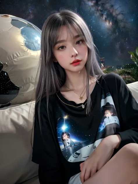 （8ｋ、realistic、like a photograph）、sleepy cute french girl、silver hair、long hair、black t-shirt、golden necklace、future world、spaces...