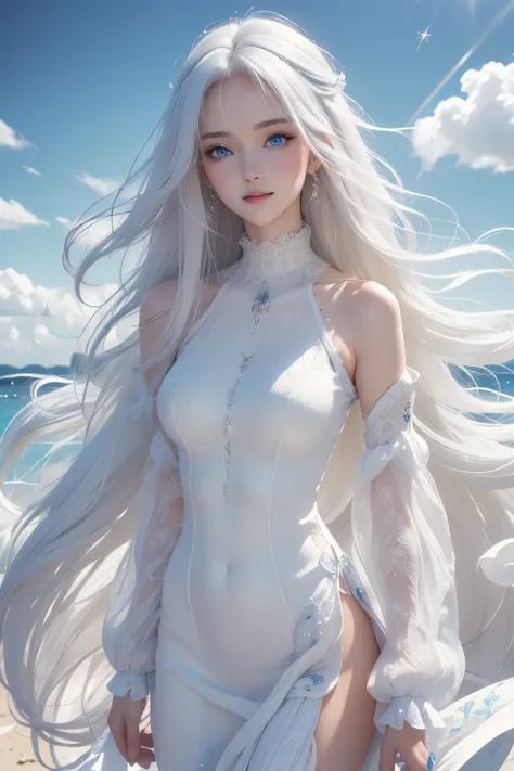 best quality, 8k, RAW photo, incredibly absurdres, extremely detailed, beautiful white woman, baby-faced, no makeup, excited look, wearing ivory fluffy long-pile knit long dress, slender, perfect proportions, white straight hair, (wind, wind-effect), blue ...