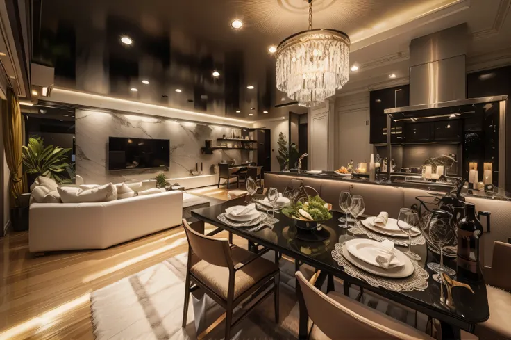 There is a dining room table with many plates and glasses, Interior of a luxury apartment, Award-winning masterpiece, acclaimed masterpiece, Luxurious indoor environment, luxurious environment, interior photography, A well-designed masterpiece, award-winni...