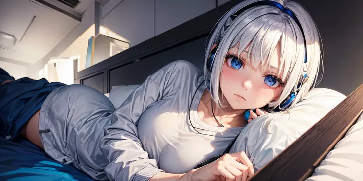 masterpiece:1.2, high quality, best quality, bedroom, on the bed, Oversized Sweatpants, Hooded Lounge Shirt, headphones around neck, Glaring, blue eyes, white hair, blue colored inner hair, bob cut, short bangs, disheveled hair, hairclip, hairpin, 1 girl, ...