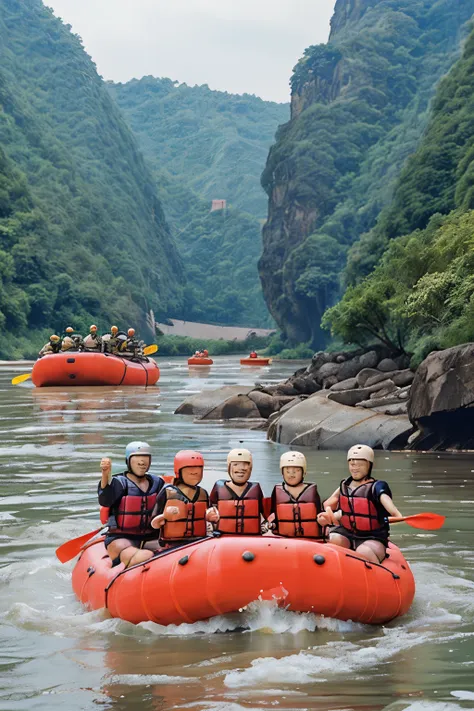 Group of foreign tourists rafting on rubber boats