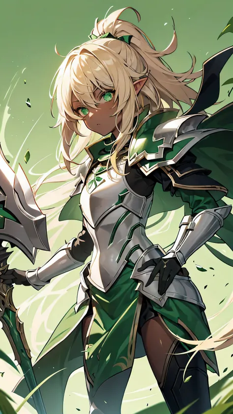 Green blank background , there is a character, Knight dark elf girl, light blonde hair, emerald green eyes, have a dark brown skin, staring straight ahead, sour face.